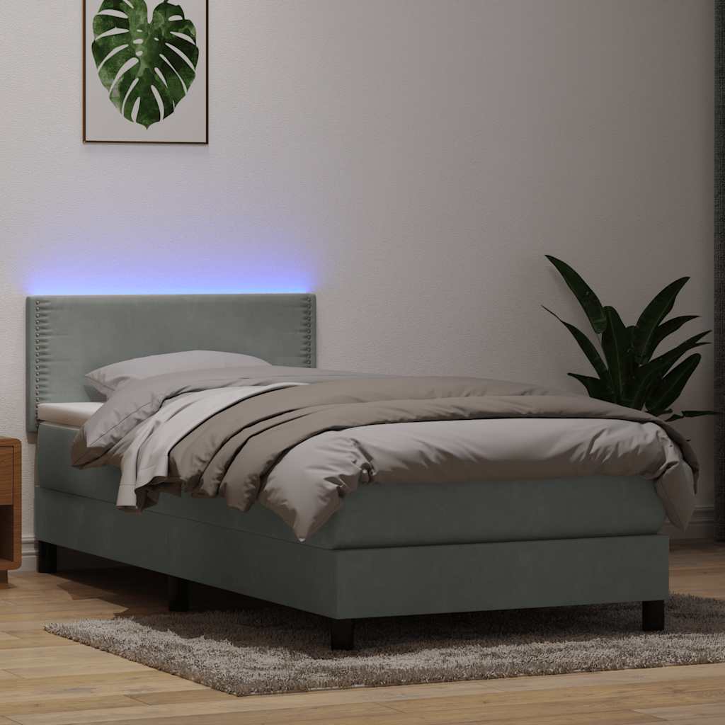 Κρεβάτι Boxspring με Στρώμα & LED ανοιχτό γκρι 80x220 cm Βελούδινο