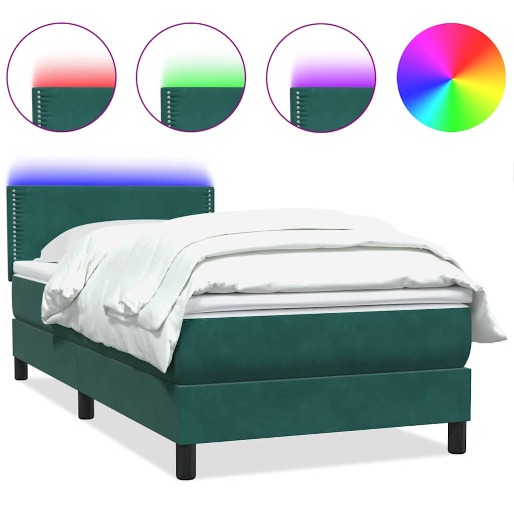 Κρεβάτι Boxspring με Στρώμα & LED σκούρο πράσινο 90x220 cm Velvet
