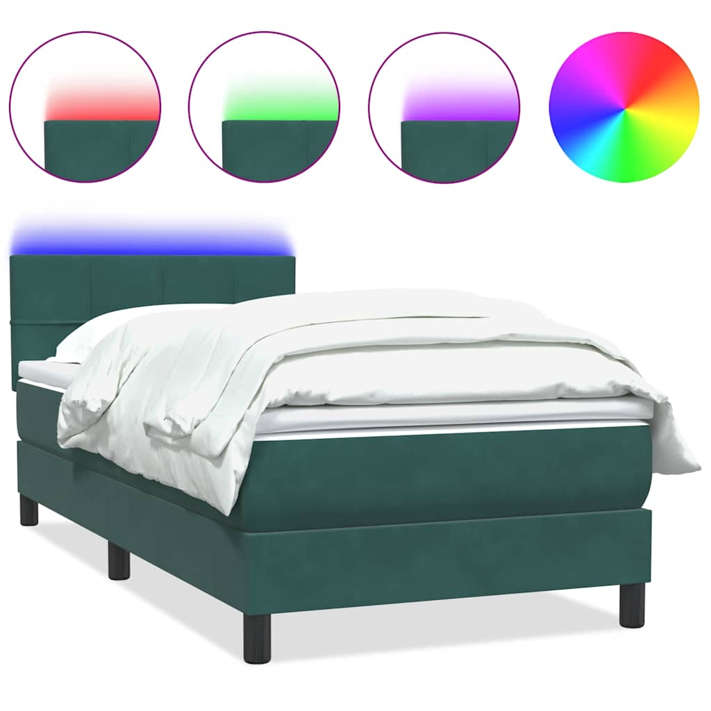 Κρεβάτι Boxspring με Στρώμα & LED σκούρο πράσινο 90x220 cm Velvet - Pakobazaar