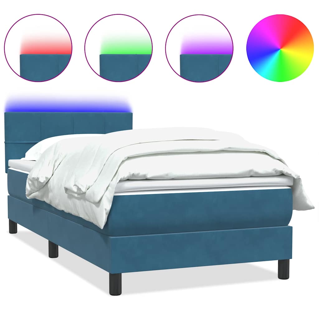 Κρεβάτι Boxspring με Στρώμα & LED Σκούρο Μπλε 90x220 εκ. Βελούδινο
