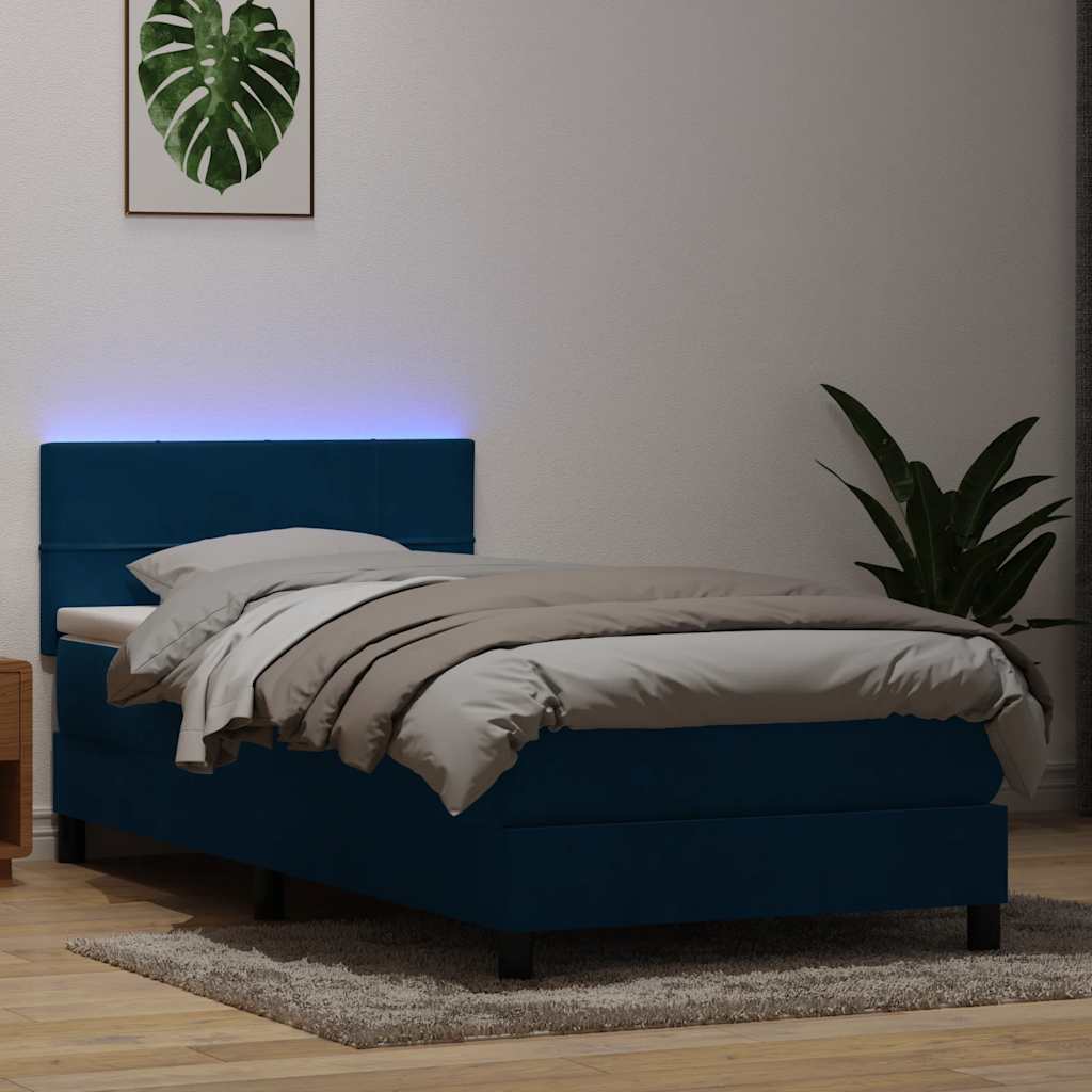Κρεβάτι Boxspring με Στρώμα & LED Σκούρο Μπλε 90x220 εκ. Βελούδινο