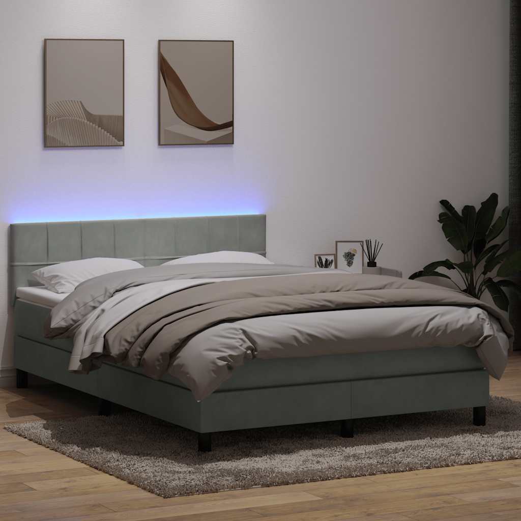 Κρεβάτι Boxspring με Στρώμα & LED Ανοιχτό Γκρι 140x220 εκ. Βελούδινο