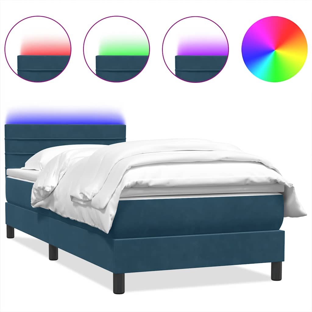 Κρεβάτι Boxspring με Στρώμα & LED σκούρο μπλε 90x210 εκ. Βελούδινο - Pakobazaar