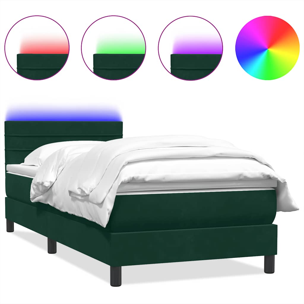 Κρεβάτι Boxspring με Στρώμα & LED Σκούρο Πράσινο 100x210εκ. Βελούδινο