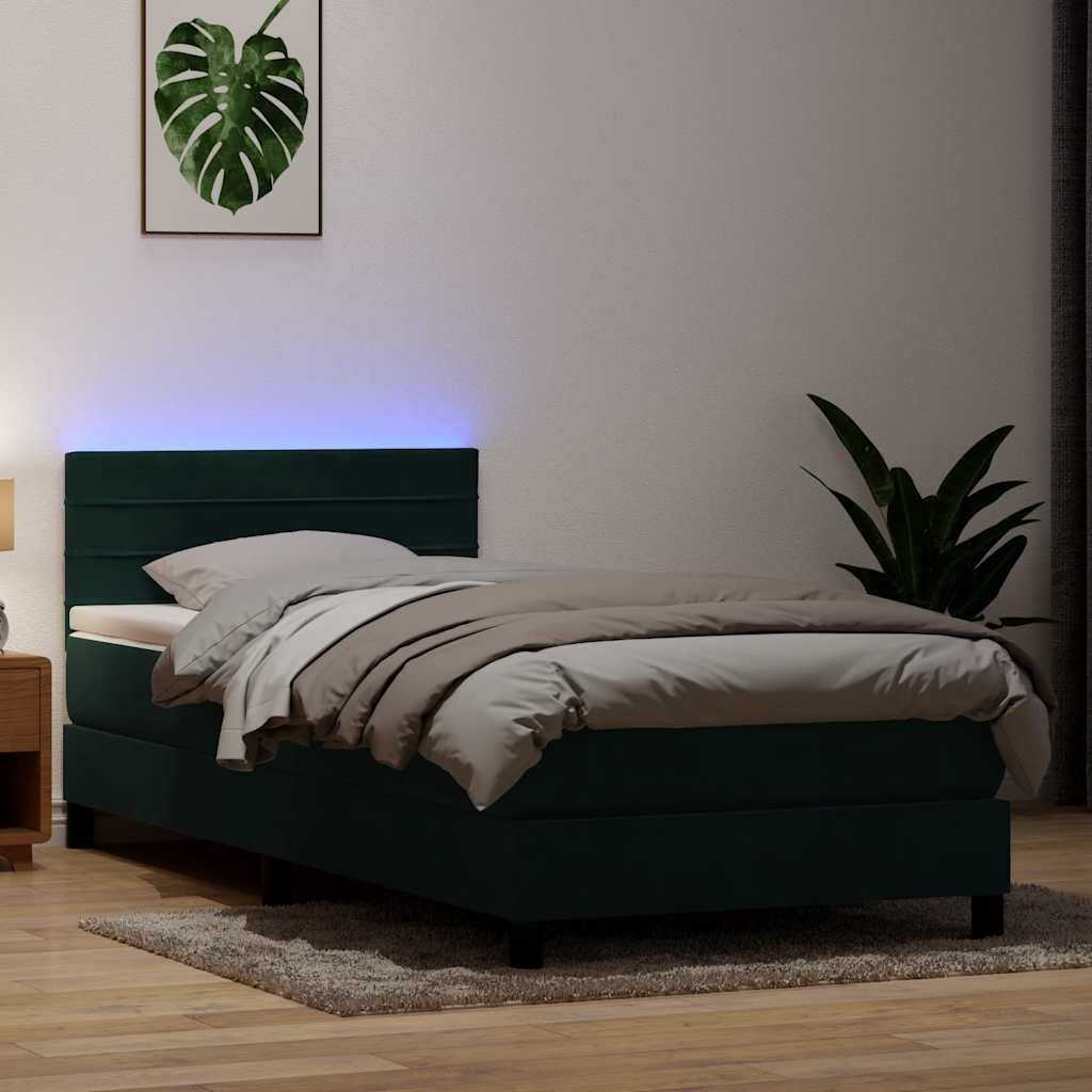 Κρεβάτι Boxspring με Στρώμα & LED Σκούρο Πράσινο 100x210εκ. Βελούδινο