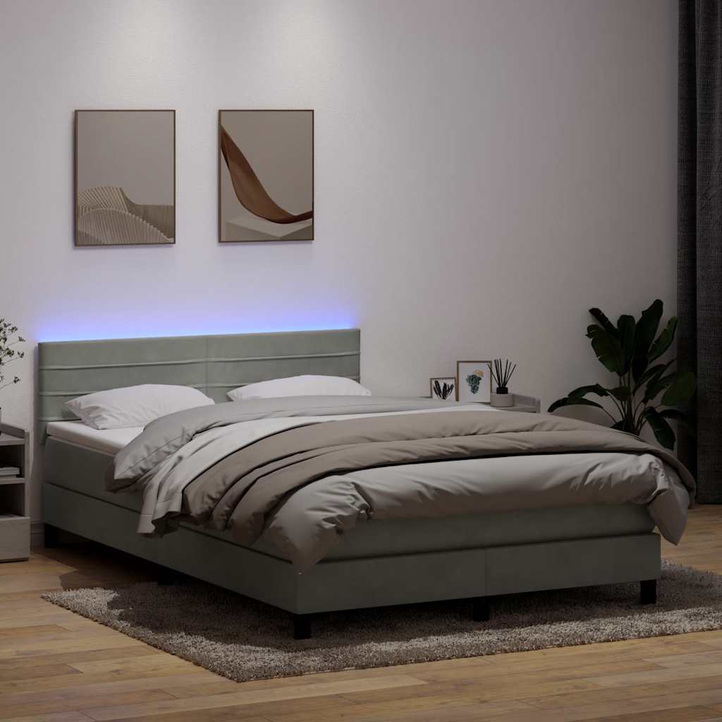 Κρεβάτι Boxspring με Στρώμα & LED Ανοιχτό Γκρι 140x210 εκ. Βελούδινο