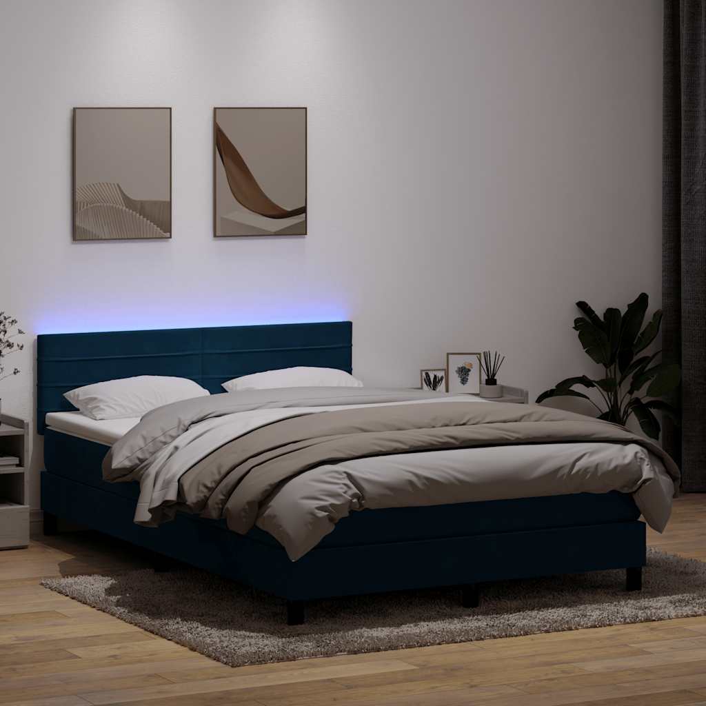 Κρεβάτι Boxspring με Στρώμα & LED Σκούρο Μπλε 140x210 εκ. Βελούδινο