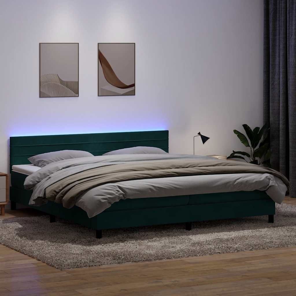 Κρεβάτι Boxspring με Στρώμα & LED Σκούρο Πράσινο 180x210εκ. Βελούδινο