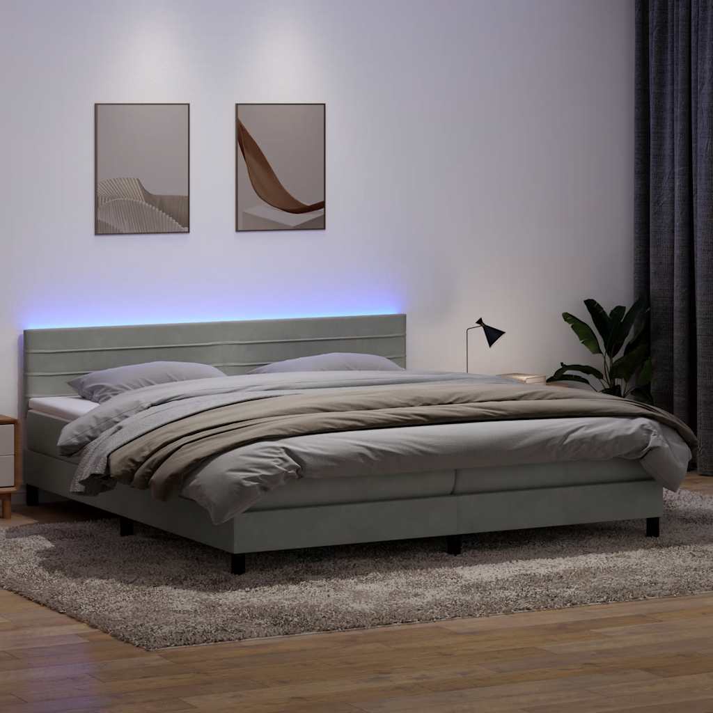 Κρεβάτι Boxspring με Στρώμα & LED ανοιχτό γκρι 200x210 cm Βελούδινο - Pakobazaar
