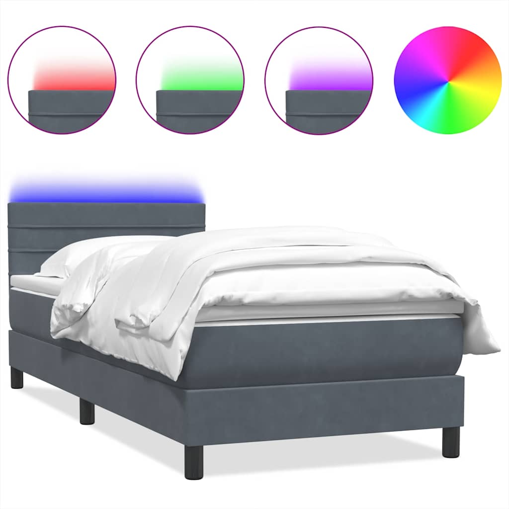 Κρεβάτι Boxspring με Στρώμα & LED Σκούρο Γκρι 90x220 εκ. Βελούδινο