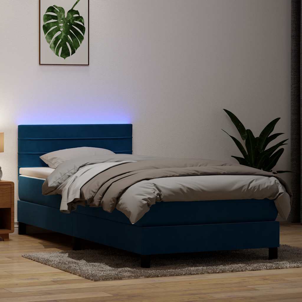 Κρεβάτι Boxspring με Στρώμα & LED Σκούρο Μπλε 90x220 εκ. Βελούδινο