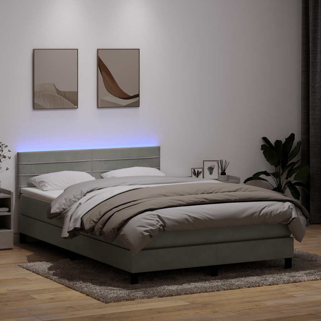 Κρεβάτι Boxspring με Στρώμα & LED Ανοιχτό Γκρι 140x220 εκ. Βελούδινο - Pakobazaar