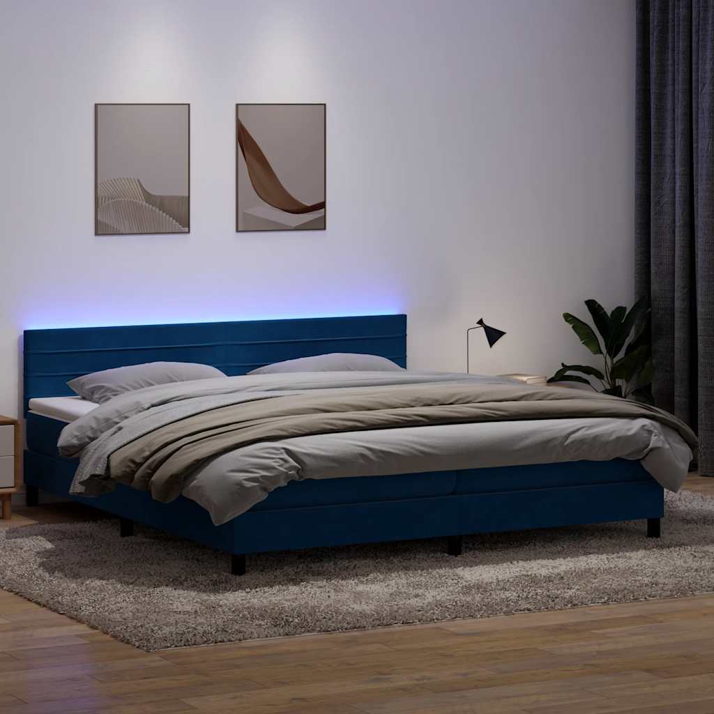 Κρεβάτι Boxspring με Στρώμα & LED σκούρο μπλε 200x220 cm Βελούδινο - Pakobazaar