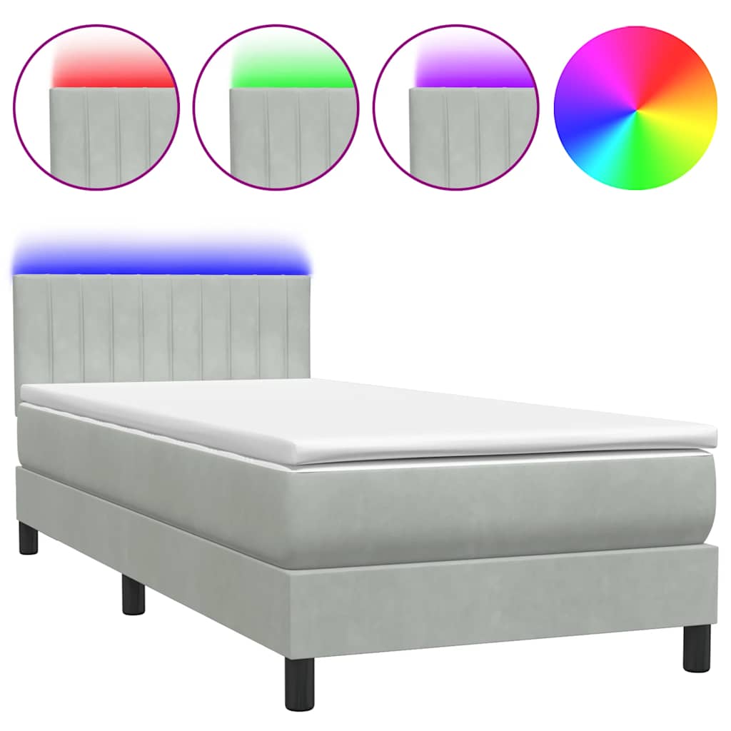 Κρεβάτι Boxspring με Στρώμα & LED ανοιχτό γκρι 90x210 cm Βελούδινο