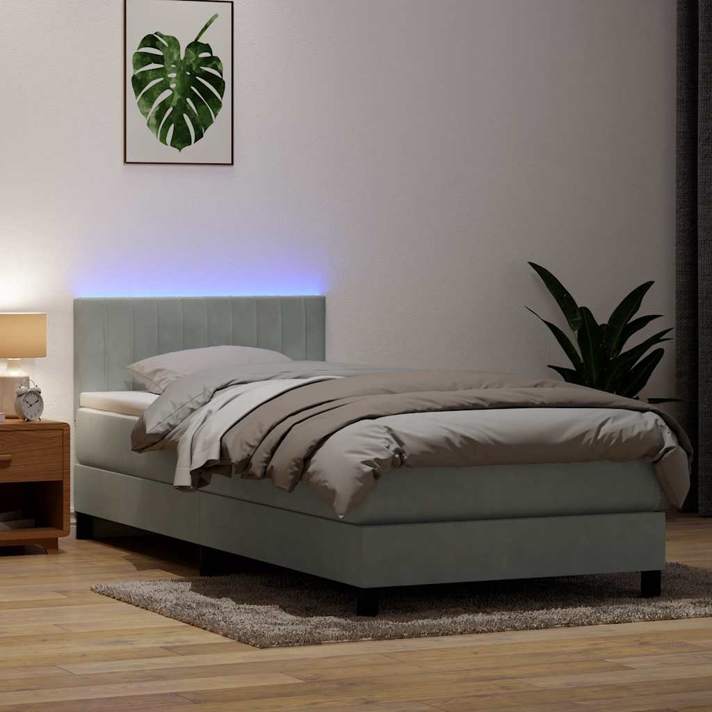 Κρεβάτι Boxspring με Στρώμα & LED ανοιχτό γκρι 90x210 cm Βελούδινο