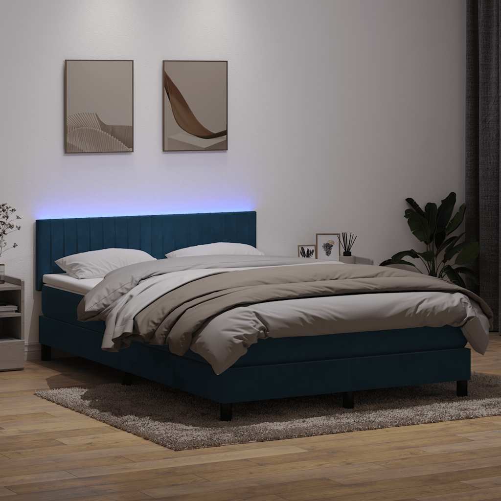 Κρεβάτι Boxspring με Στρώμα & LED Σκούρο Μπλε 140x210 εκ. Βελούδινο