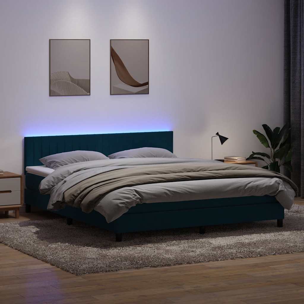 Κρεβάτι Boxspring με Στρώμα & LED Σκούρο Μπλε 180x210 εκ. Βελούδινο - Pakobazaar