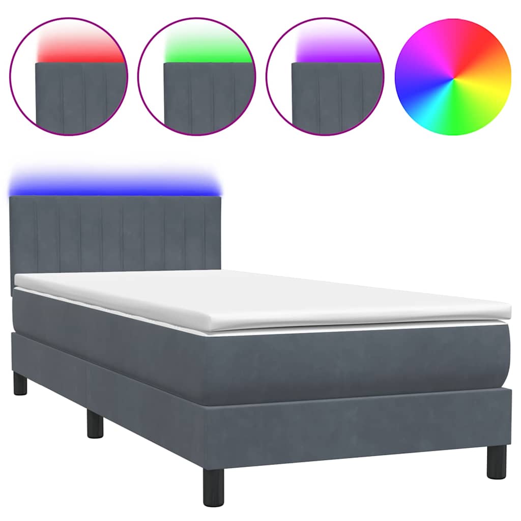 Κρεβάτι Boxspring με Στρώμα & LED Σκούρο Γκρι 90x220 εκ. Βελούδινο - Pakobazaar