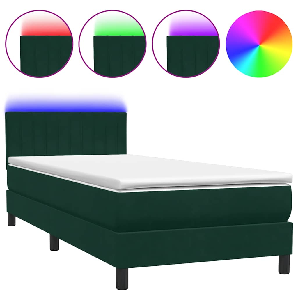 Κρεβάτι Boxspring με Στρώμα & LED σκούρο πράσινο 90x220 cm Velvet - Pakobazaar
