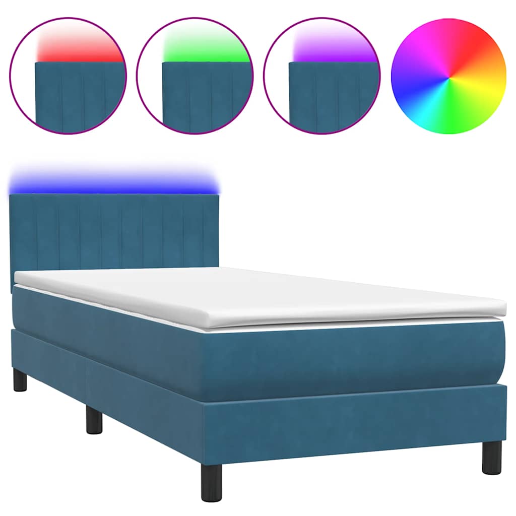 Κρεβάτι Boxspring με Στρώμα & LED Σκούρο Μπλε 90x220 εκ. Βελούδινο