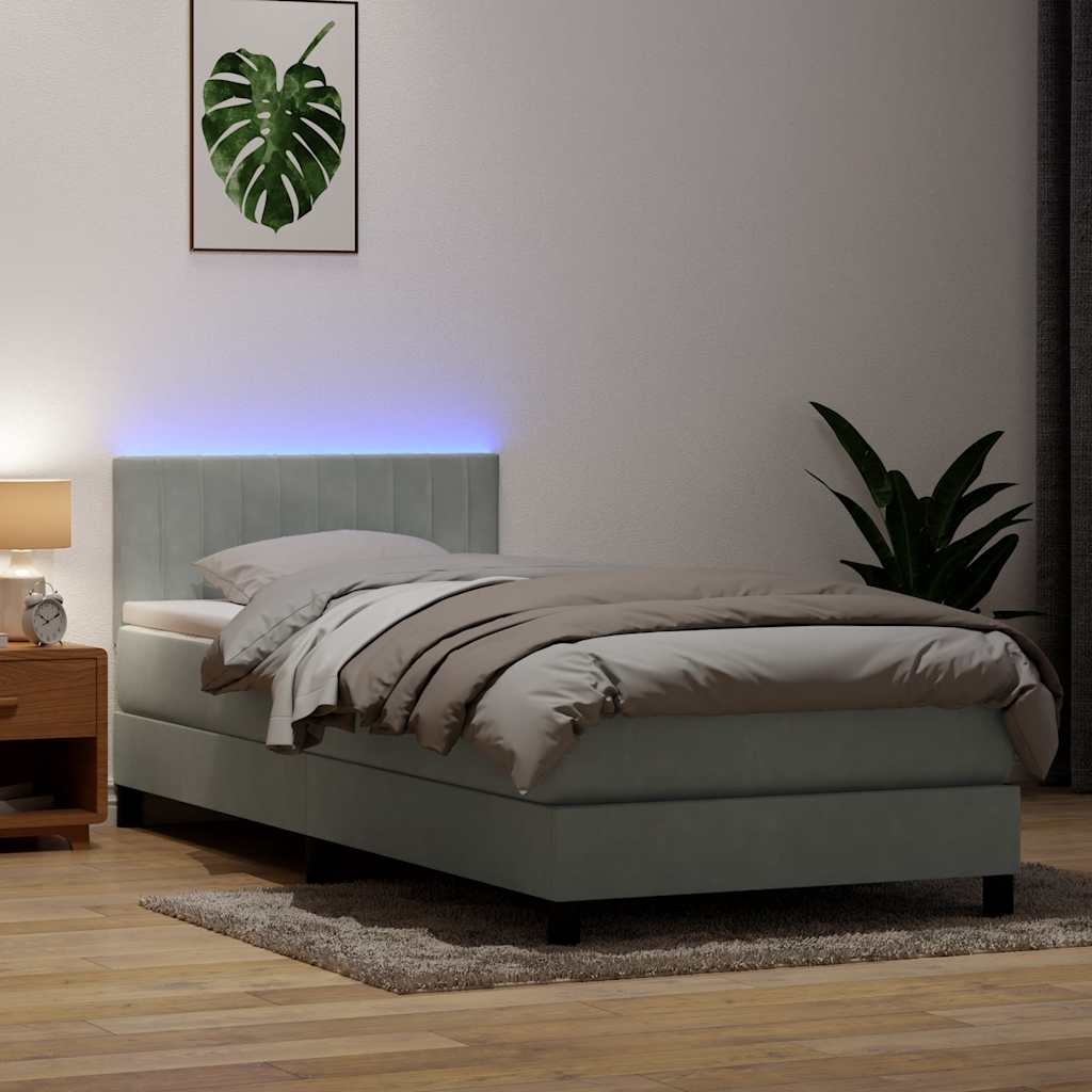 Κρεβάτι Boxspring με Στρώμα & LED ανοιχτό γκρι 100x220 εκ. Βελούδινο - Pakobazaar