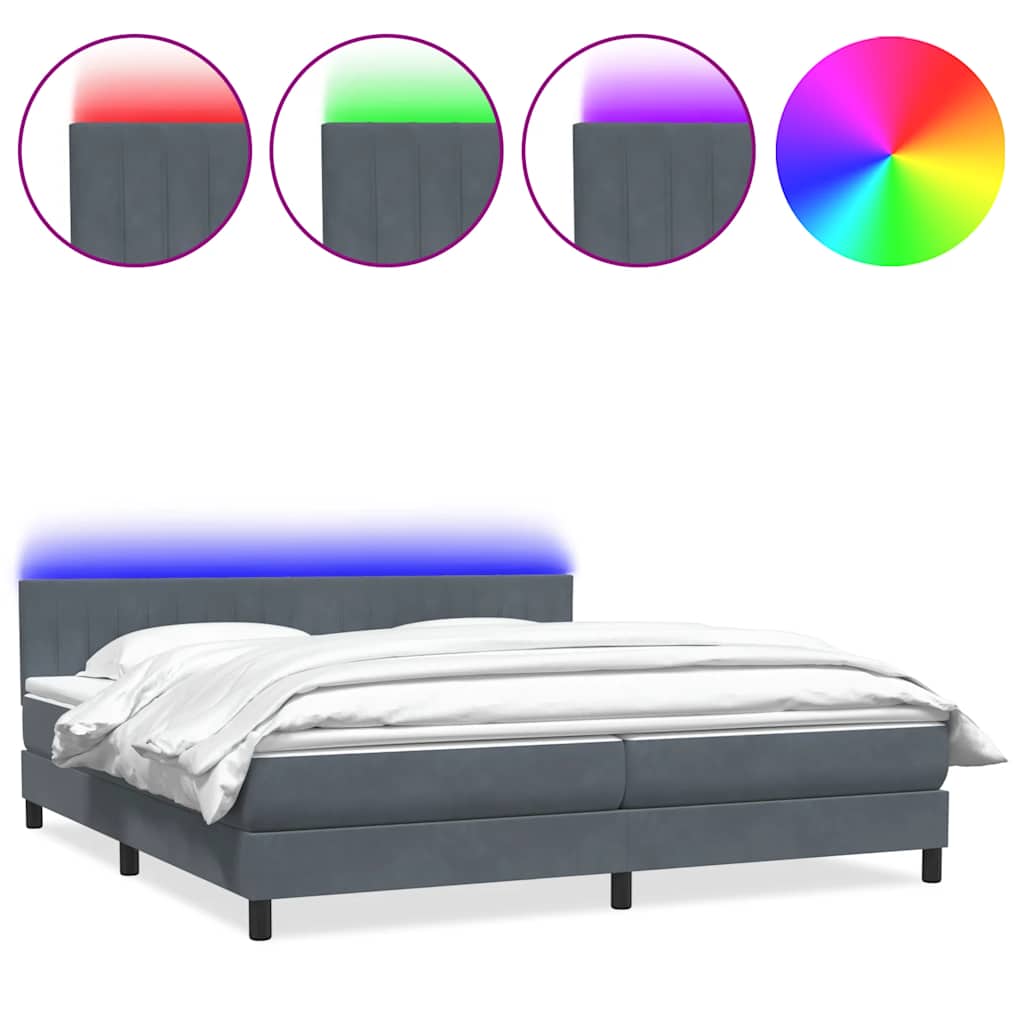 Κρεβάτι Boxspring με Στρώμα & LED Σκούρο γκρι 180x220 εκ. Βελούδινο - Pakobazaar