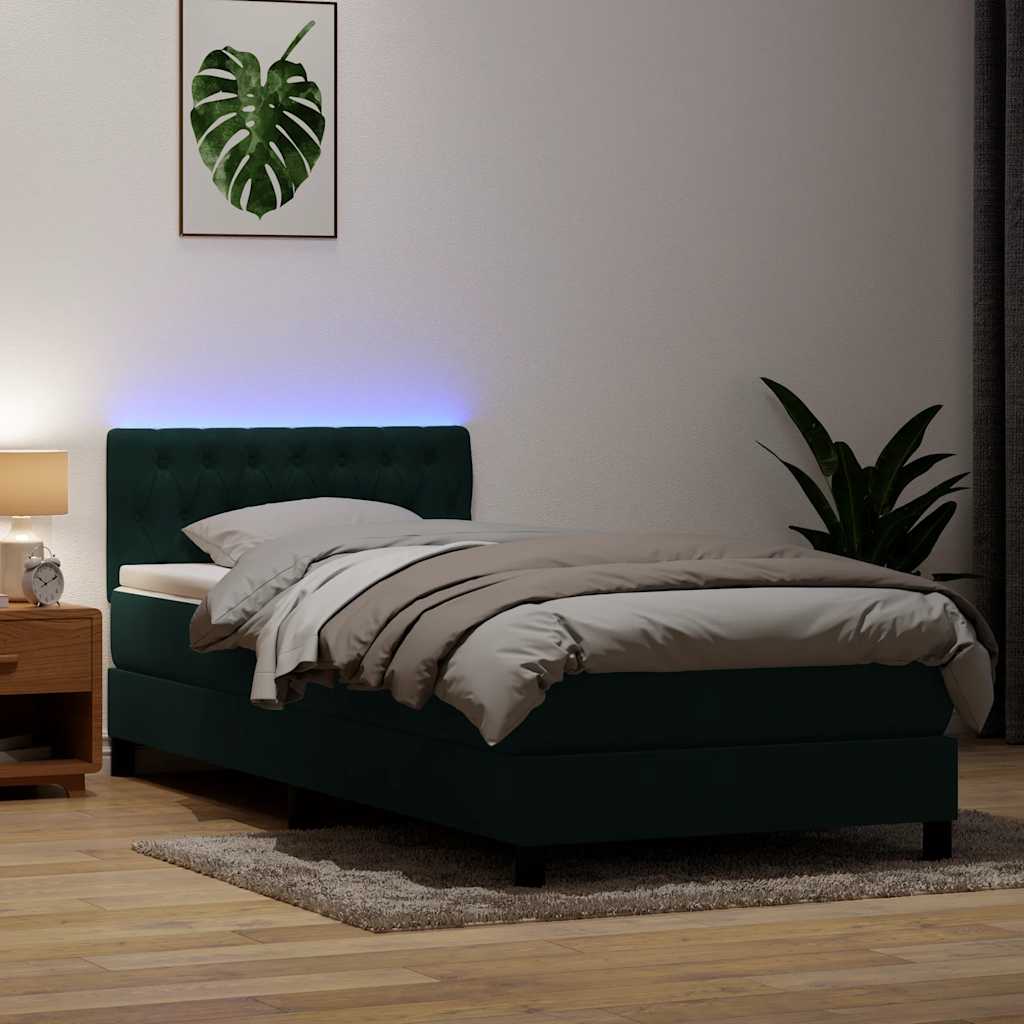 Κρεβάτι Boxspring με Στρώμα & LED σκούρο πράσινο 90x220 cm Velvet
