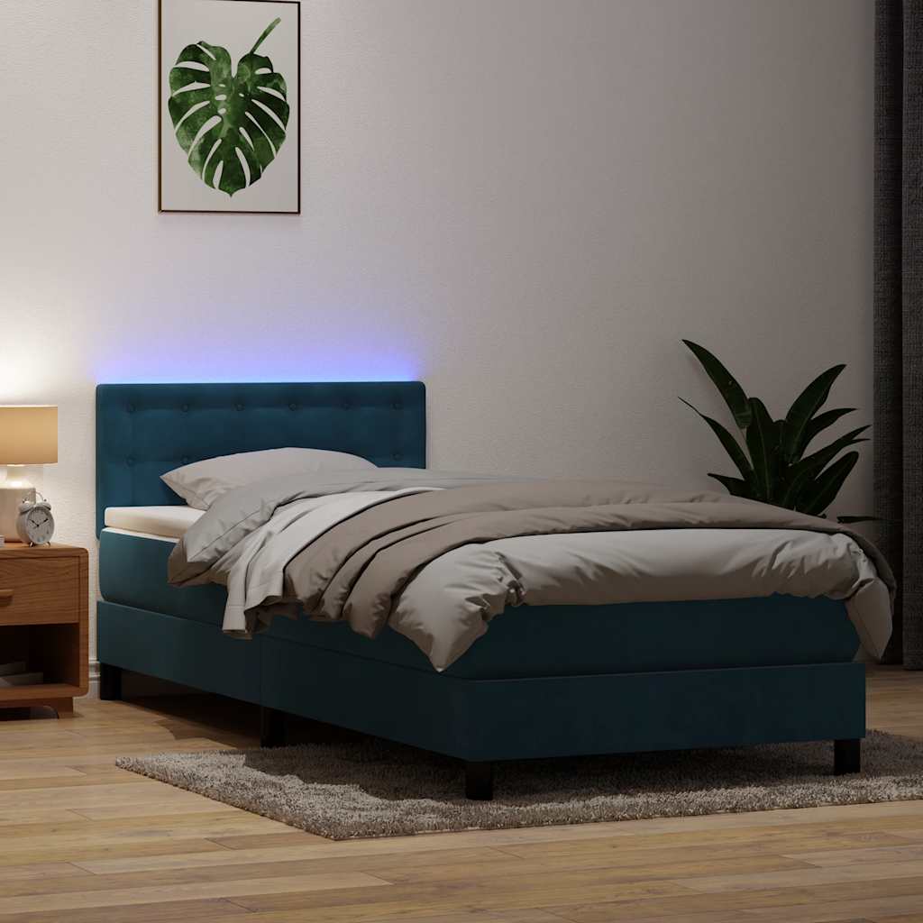 Κρεβάτι Boxspring με Στρώμα & LED σκούρο μπλε 90x210 εκ. Βελούδινο