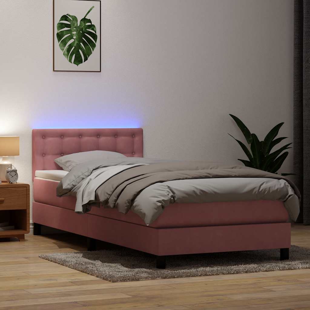 Κρεβάτι Boxspring με Στρώμα & LED Ροζ 100x210 εκ. Βελούδινο - Pakobazaar