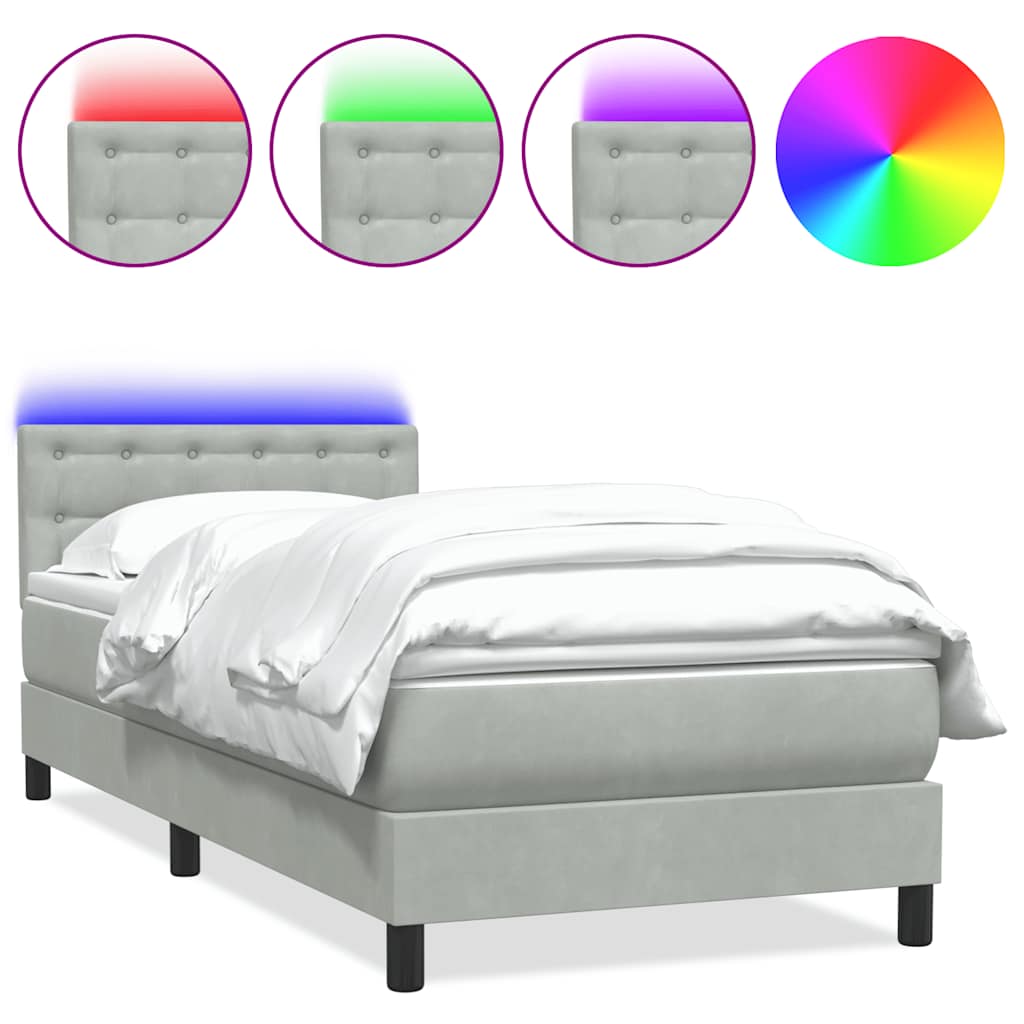 Κρεβάτι Boxspring με Στρώμα & LED ανοιχτό γκρι 90x220 εκ. Βελούδινο