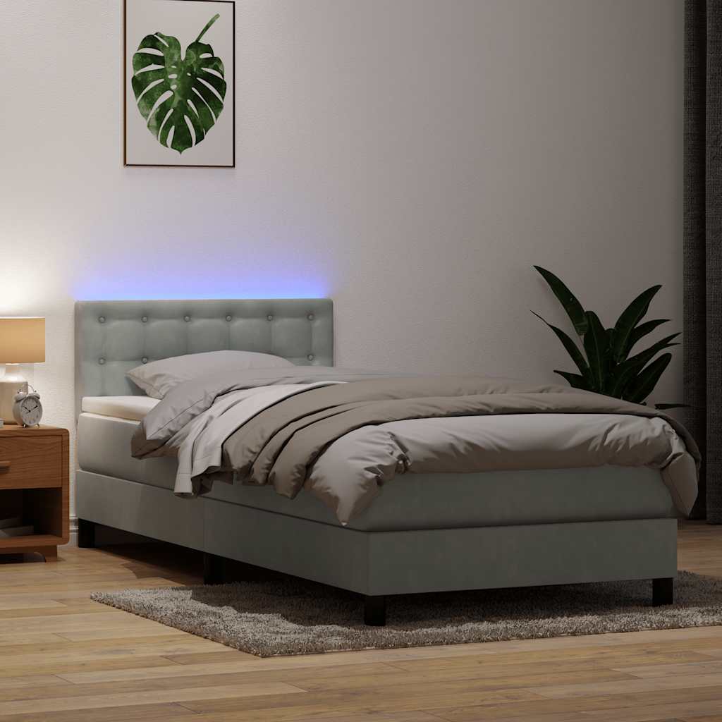 Κρεβάτι Boxspring με Στρώμα & LED ανοιχτό γκρι 90x220 εκ. Βελούδινο