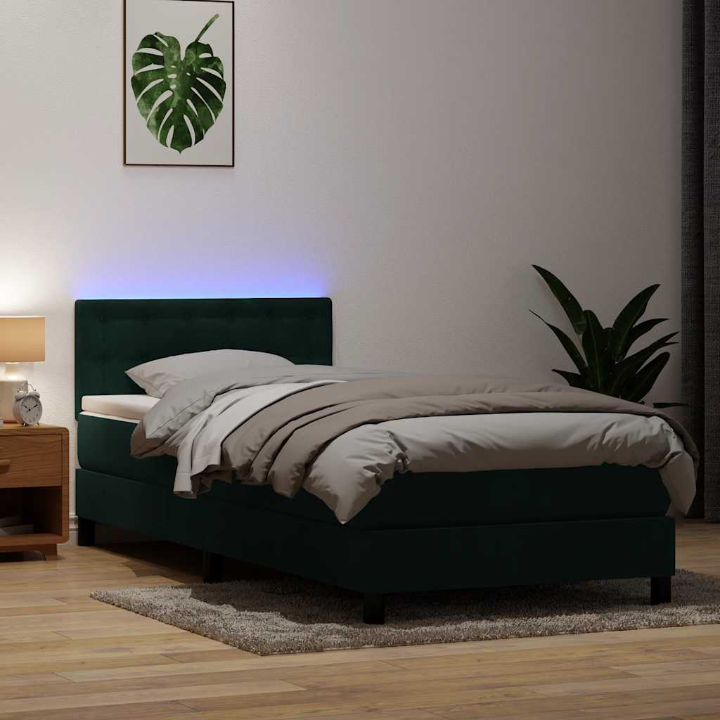 Κρεβάτι Boxspring με Στρώμα & LED σκούρο πράσινο 90x220 cm Velvet - Pakobazaar