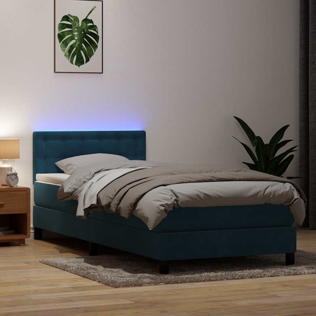 Κρεβάτι Boxspring με Στρώμα & LED Σκούρο Μπλε 90x220 εκ. Βελούδινο