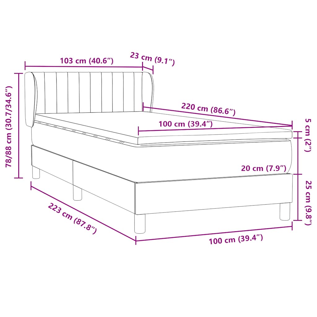Box Spring κρεβάτι με στρώμα ανοιχτό γκρι 100x220 εκ. Βελούδινο - Pakobazaar