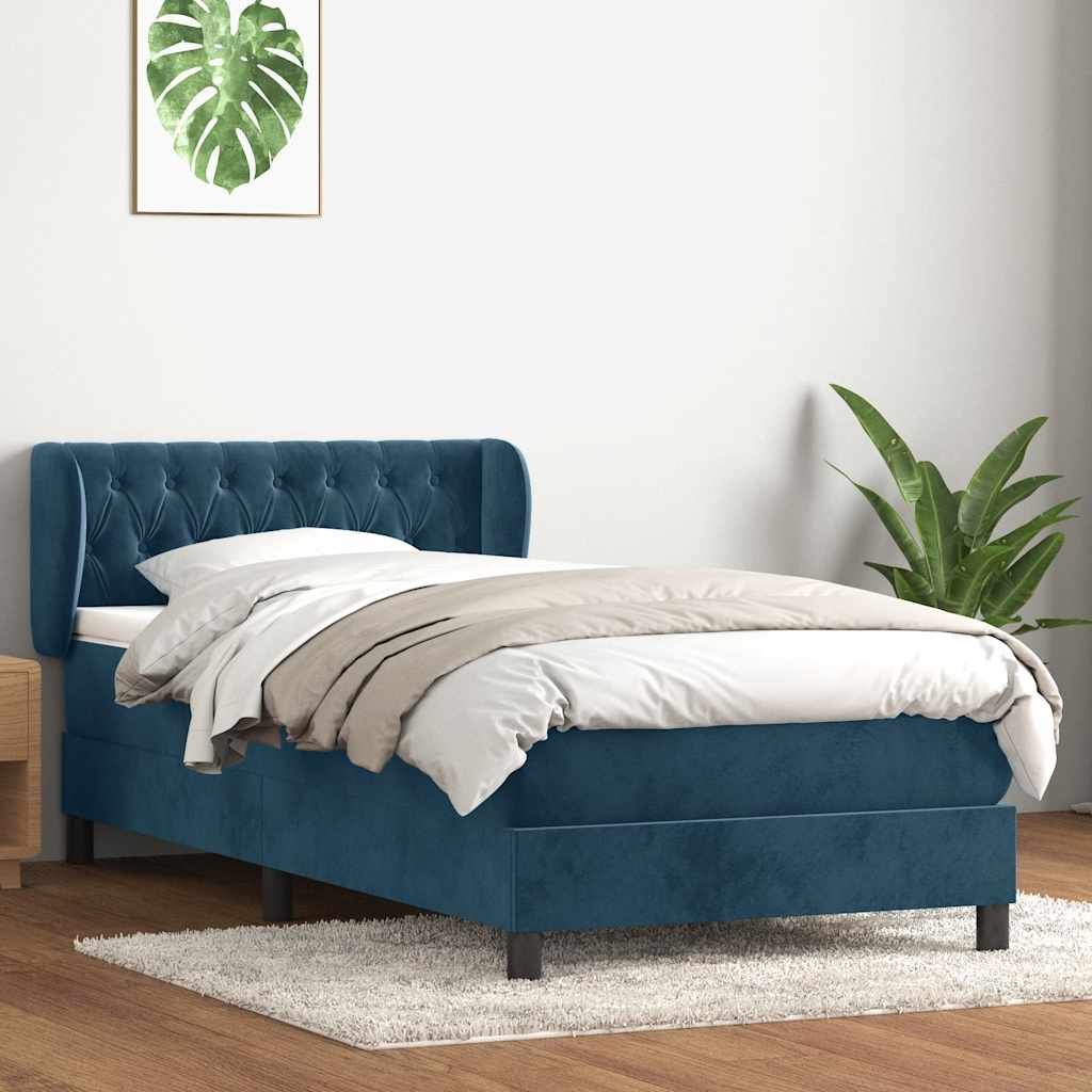 Κρεβάτι Boxspring με Στρώμα Σκούρο Μπλε 90x220 εκ. Βελούδινο - Pakobazaar