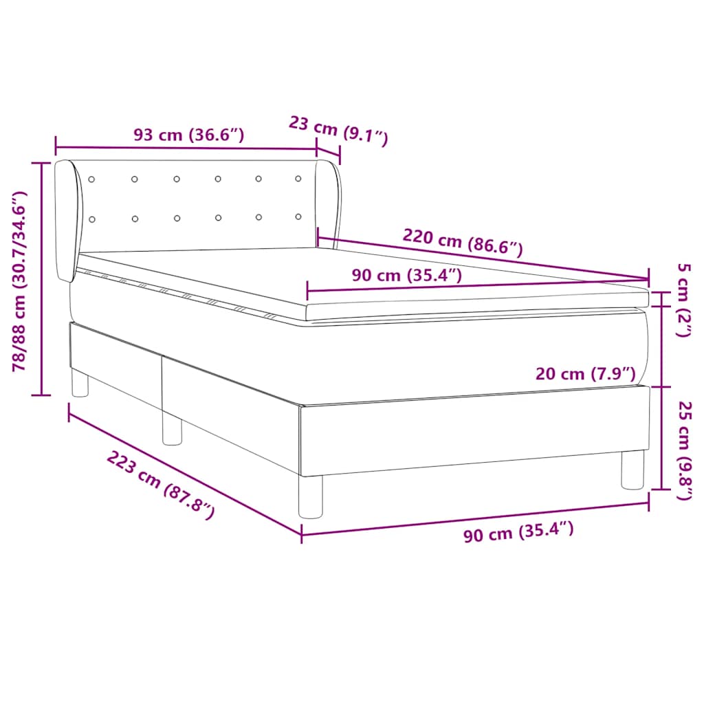 Κρεβάτι Boxspring με Στρώμα Μαύρο 90x220 εκ. Βελούδινο