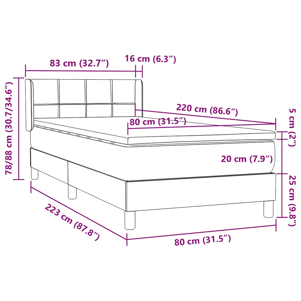 Κρεβάτι Boxspring με Στρώμα Μαύρο 80x220 εκ. Βελούδινο