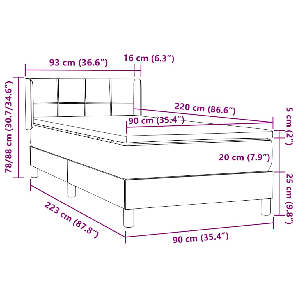 Κρεβάτι Boxspring με Στρώμα Μαύρο 90x220 εκ. Βελούδινο - Pakobazaar
