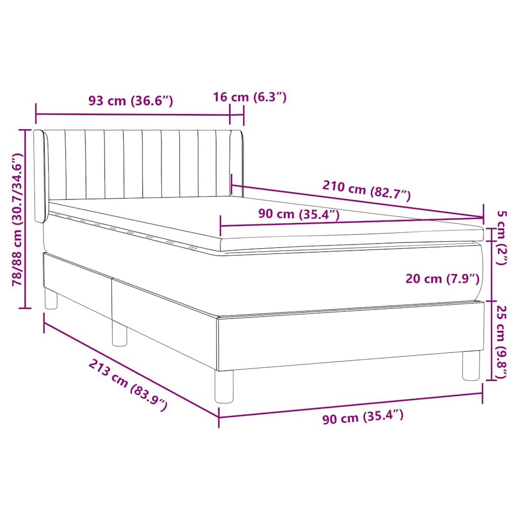 Κρεβάτι Boxspring με Στρώμα Σκούρο Γκρι 90x210 εκ. Βελούδινο