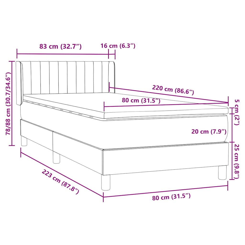 Κρεβάτι Boxspring με Στρώμα Σκούρο Γκρι 80x220 εκ. Βελούδινο