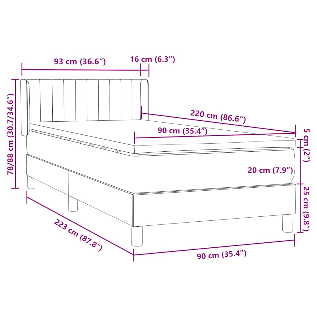 Κρεβάτι Boxspring με Στρώμα Σκούρο Γκρι 90x220 εκ. Βελούδινο