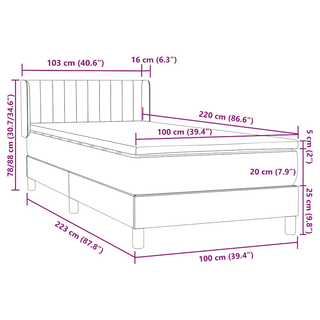 Box Spring κρεβάτι με στρώμα ανοιχτό γκρι 100x220 εκ. Βελούδινο - Pakobazaar
