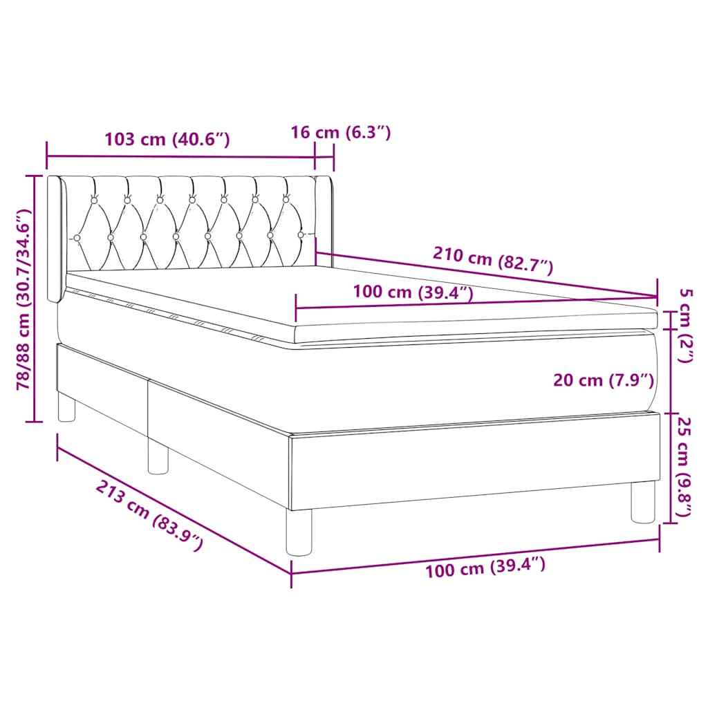 Κρεβάτι Boxspring με Στρώμα Ανοιχτό Γκρι 100x210 εκ. Βελούδινο