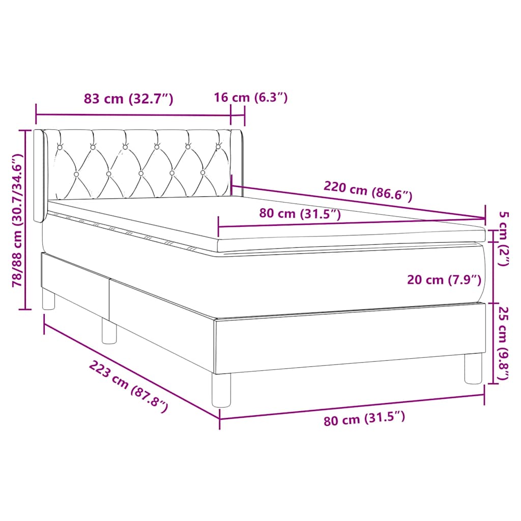 Box Spring κρεβάτι με στρώμα ανοιχτό γκρι 80x220 cm Βελούδινο