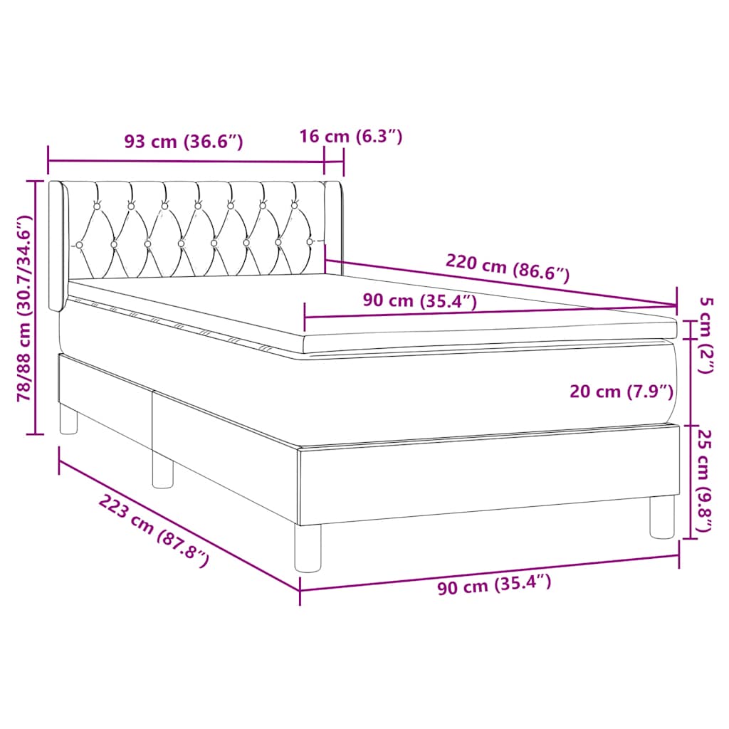 Κρεβάτι Boxspring με Στρώμα Μαύρο 90x220 εκ. Βελούδινο