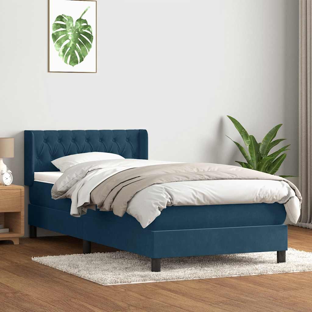 Κρεβάτι Boxspring με Στρώμα Σκούρο Μπλε 90x220 εκ. Βελούδινο - Pakobazaar