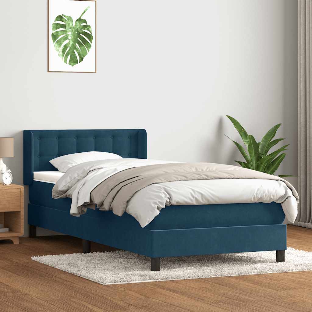 Κρεβάτι Boxspring με Στρώμα Σκούρο Μπλε 90x220 εκ. Βελούδινο - Pakobazaar