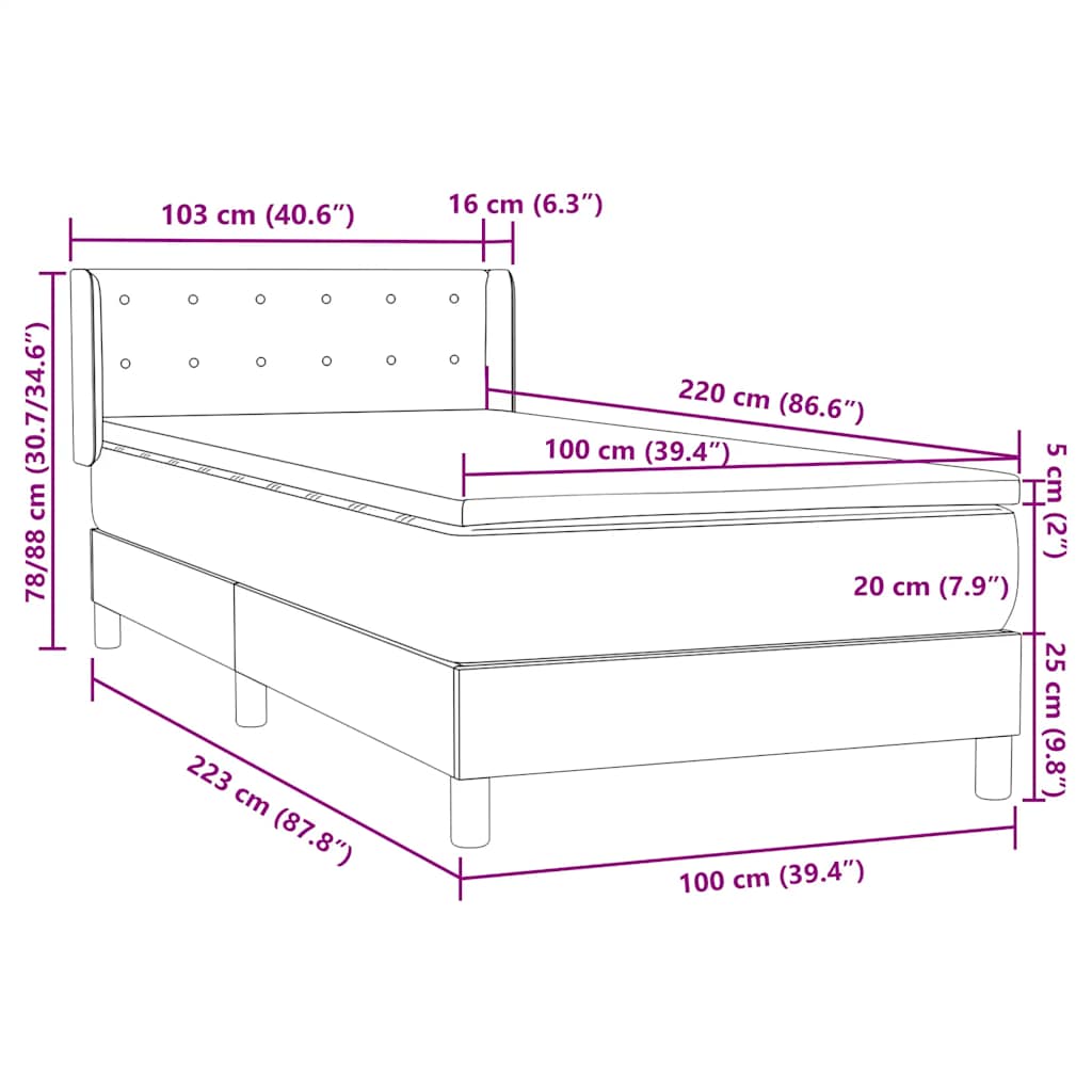 Box Spring κρεβάτι με στρώμα σκούρο μπλε 100x220 cm Βελούδινο - Pakobazaar