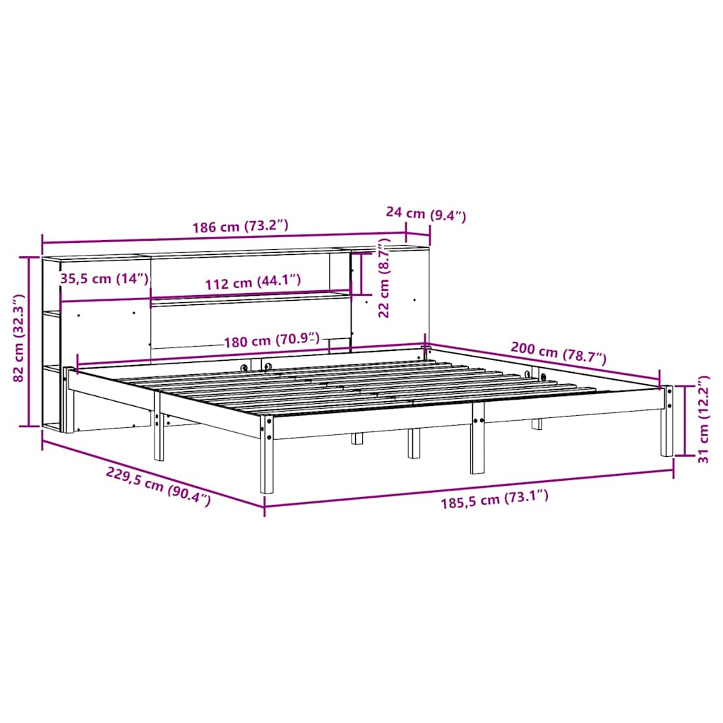 Κρεβάτι Βιβλιοθήκη Χωρίς Στρώμα 180x200 εκ Μασίφ Ξύλο Πεύκου