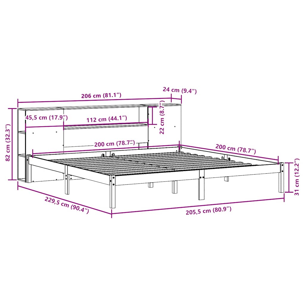 Κρεβάτι Βιβλιοθήκη Χωρίς Στρώμα 200x200 εκ Μασίφ Ξύλο Πεύκου